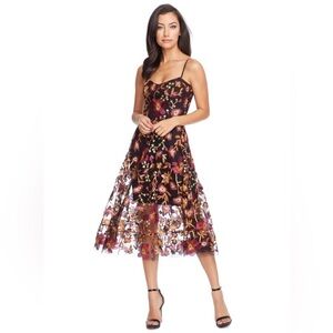 Dress the Population Uma Floral Embroidered MIDI Dress‎ Mesh Whimsigoth Holidays